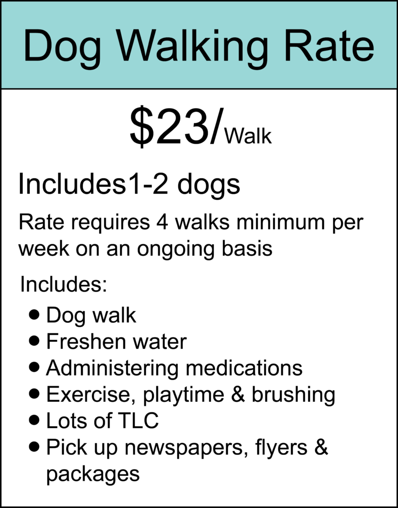 Dog walking rate is $23 per walk and includes 1-2 dogs